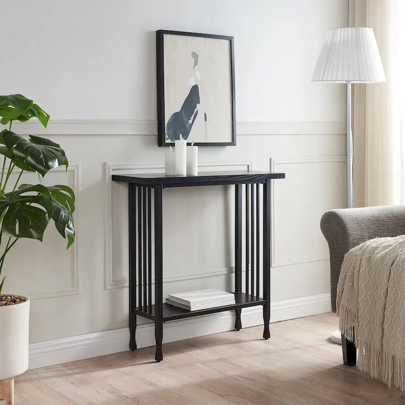Mission Style Hall Stand Console Table, Solid Ash & Oak Veneer, Matte Black Metal Base, 30"W x 30"H