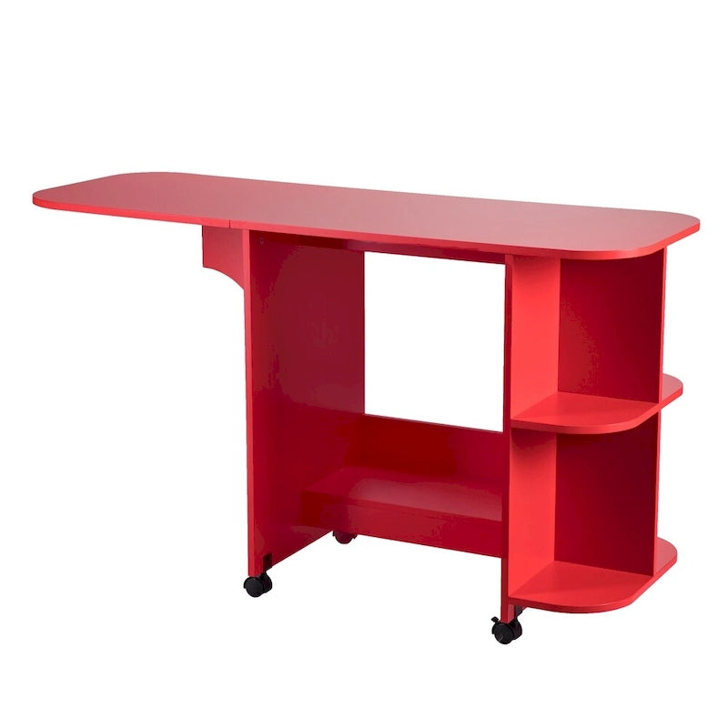 Foldable Rolling Sewing Table with 4 Side Shelves & Locking Casters – Farmhouse Red, 31.5"-51"W