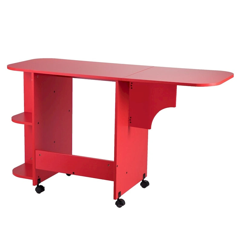 Foldable Rolling Sewing Table with 4 Side Shelves & Locking Casters – Farmhouse Red, 31.5"-51"W