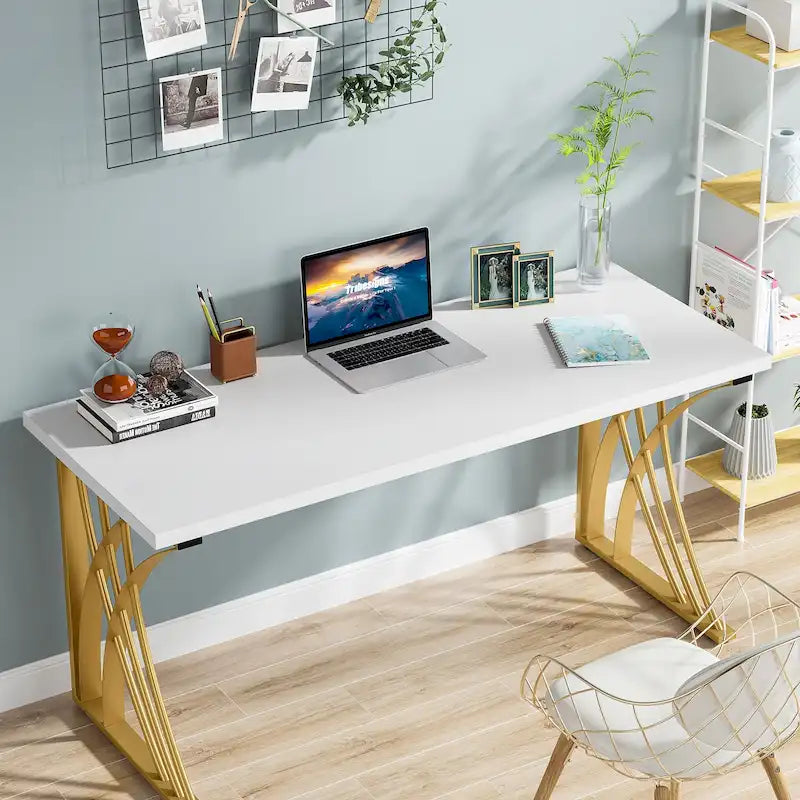 55" Computer Desk with Gold Metal Frame, Particleboard Top, 250 lb Capacity, White