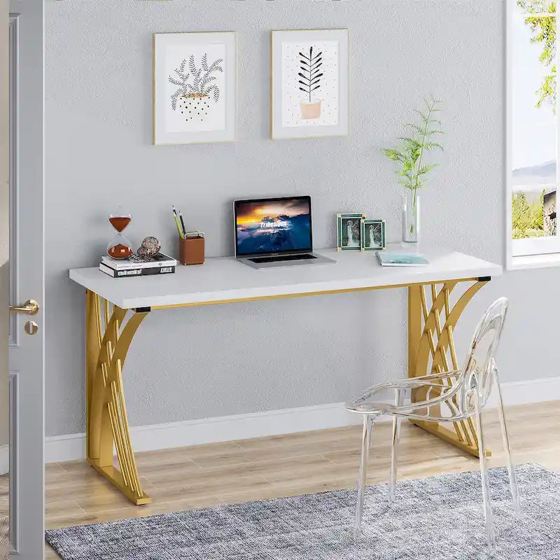 55" Computer Desk with Gold Metal Frame, Particleboard Top, 250 lb Capacity, White