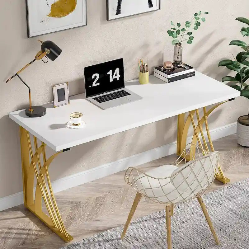 55" Computer Desk with Gold Metal Frame, Particleboard Top, 250 lb Capacity, White