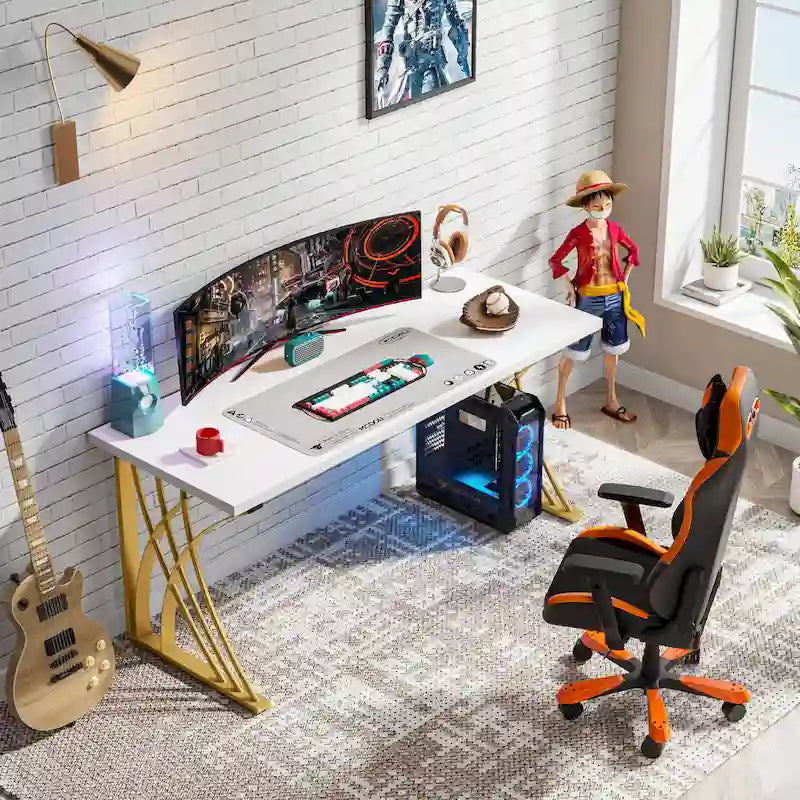 55" Computer Desk with Gold Metal Frame, Particleboard Top, 250 lb Capacity, White