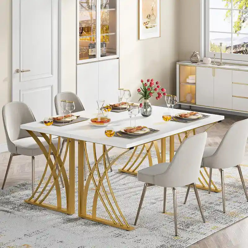 55" Computer Desk with Gold Metal Frame, Particleboard Top, 250 lb Capacity, White