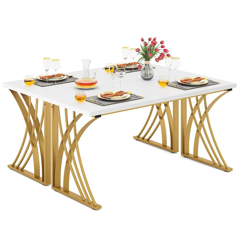55" Computer Desk with Gold Metal Frame, Particleboard Top, 250 lb Capacity, White