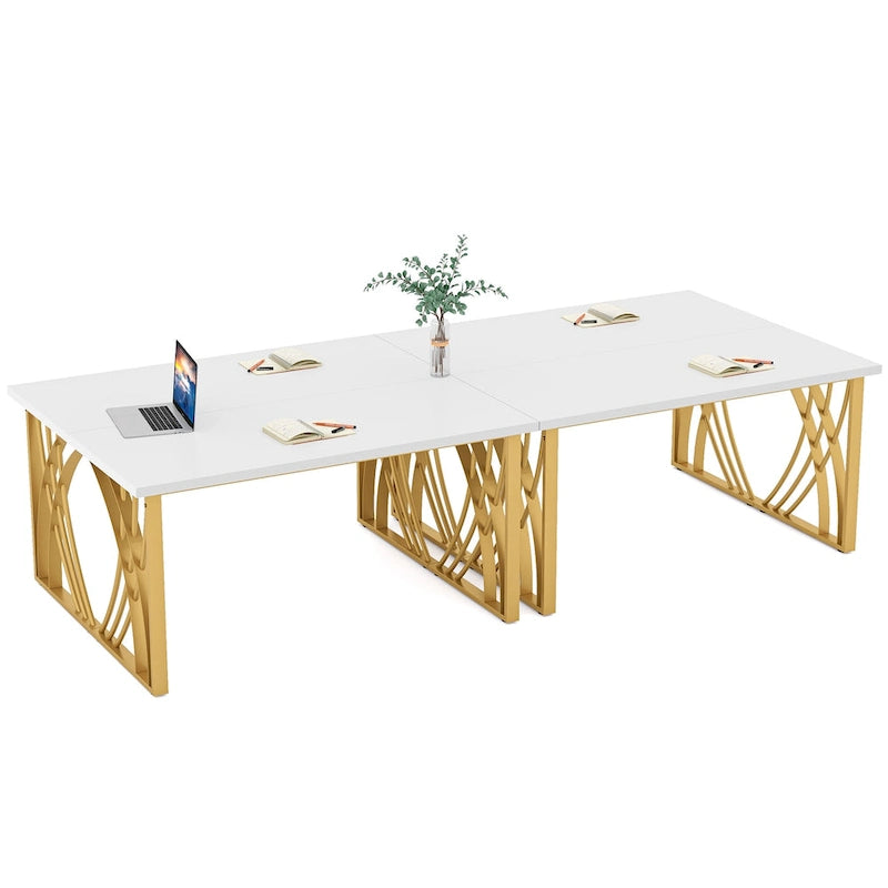 55" Computer Desk with Gold Metal Frame, Particleboard Top, 250 lb Capacity, White