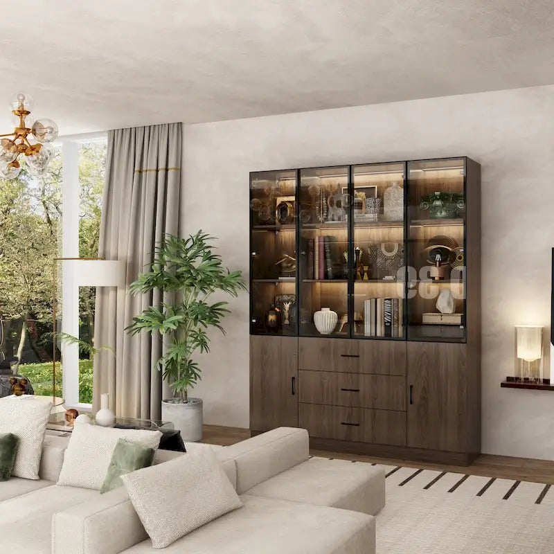 Aluminum and Glass Lighted Cabinet Customizable for Buffet/Bookshelf