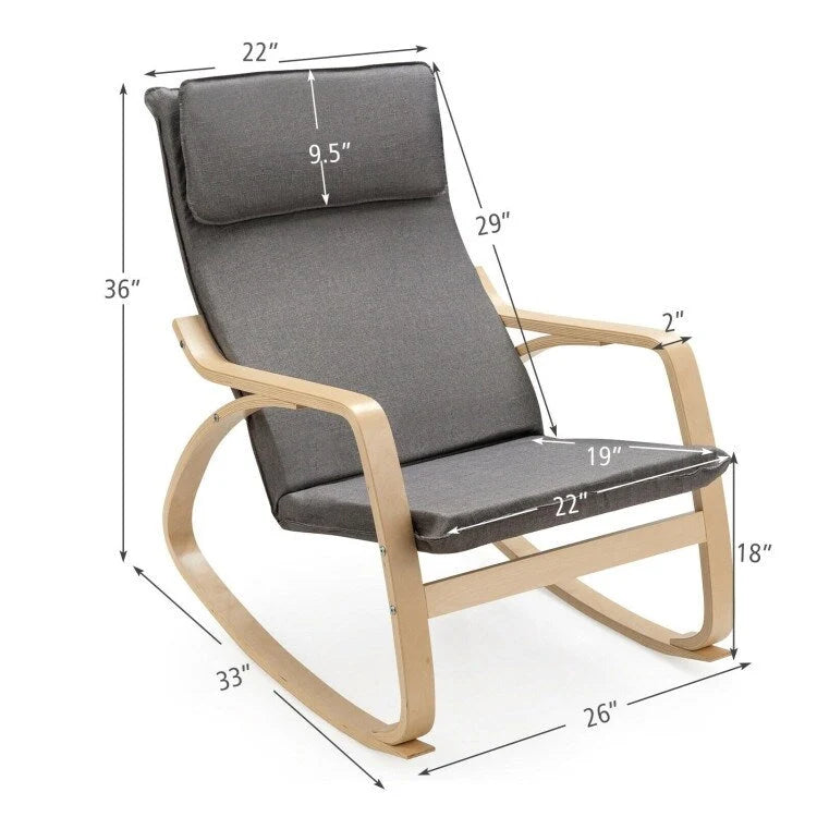Bentwood Rocking Chair with Fabric Cushion, High Backrest & Curved Armrests, 330 lbs Capacity