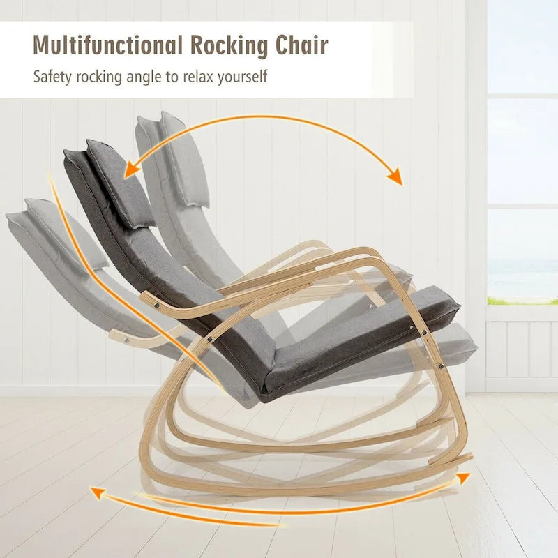 Bentwood Rocking Chair with Fabric Cushion, High Backrest & Curved Armrests, 330 lbs Capacity