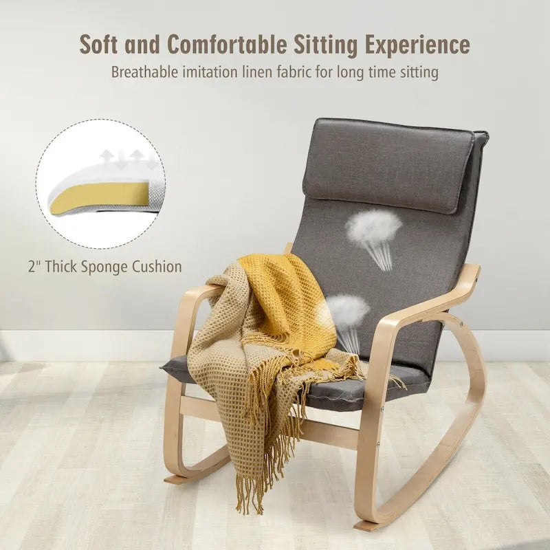 Bentwood Rocking Chair with Fabric Cushion, High Backrest & Curved Armrests, 330 lbs Capacity