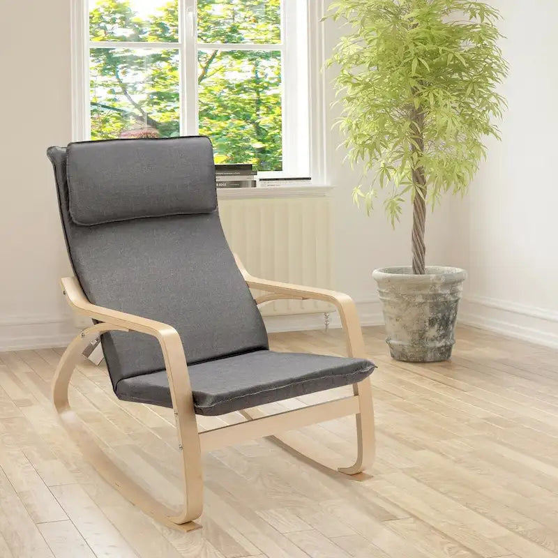 Bentwood Rocking Chair with Fabric Cushion, High Backrest & Curved Armrests, 330 lbs Capacity