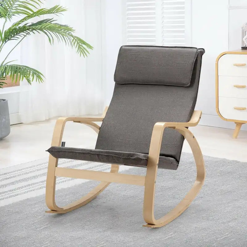 Bentwood Rocking Chair with Fabric Cushion, High Backrest & Curved Armrests, 330 lbs Capacity