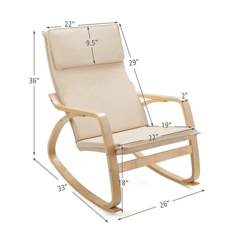 Bentwood Rocking Chair with Fabric Cushion, High Backrest & Curved Armrests, 330 lbs Capacity