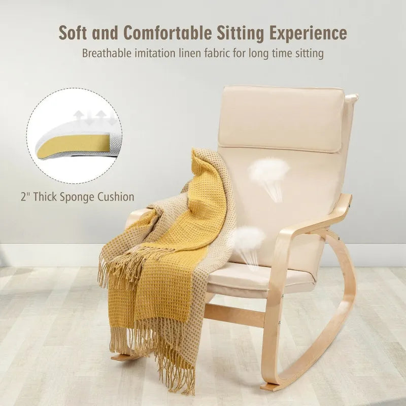 Bentwood Rocking Chair with Fabric Cushion, High Backrest & Curved Armrests, 330 lbs Capacity