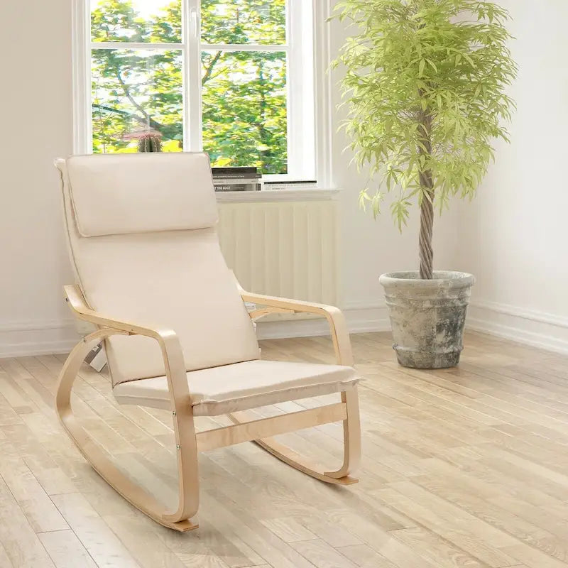 Bentwood Rocking Chair with Fabric Cushion, High Backrest & Curved Armrests, 330 lbs Capacity