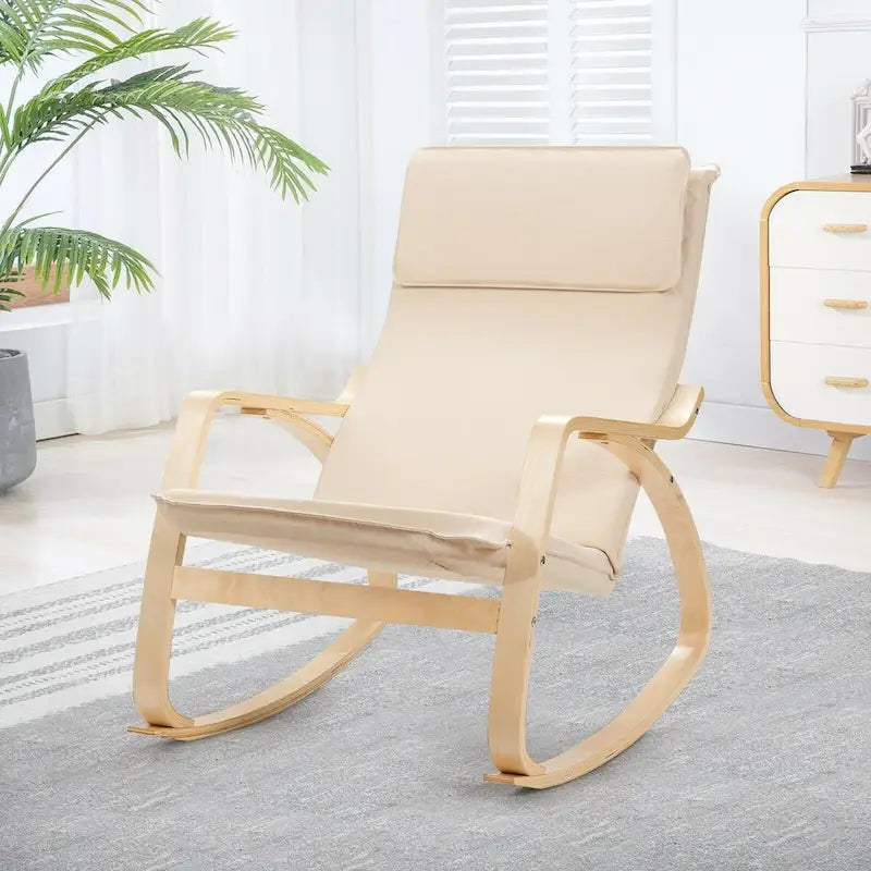Bentwood Rocking Chair with Fabric Cushion, High Backrest & Curved Armrests, 330 lbs Capacity