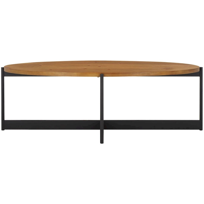 Oval Fir Wood Coffee Table with Black Metal Base, 48.8"W x 25.2"D x 16"H, Modern Style