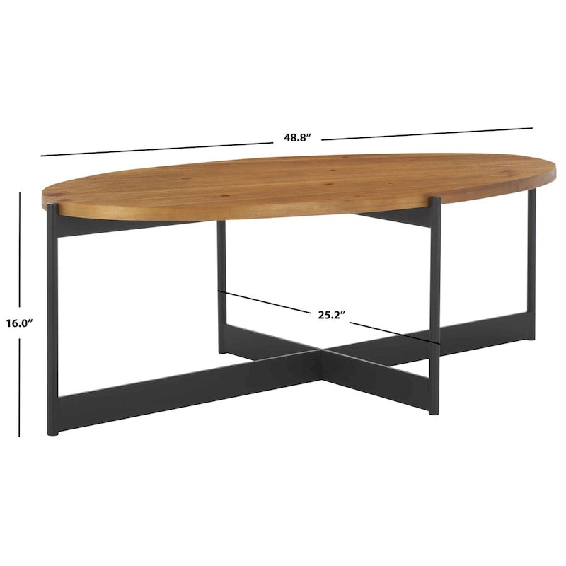 Oval Fir Wood Coffee Table with Black Metal Base, 48.8"W x 25.2"D x 16"H, Modern Style