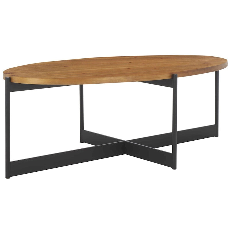 Oval Fir Wood Coffee Table with Black Metal Base, 48.8"W x 25.2"D x 16"H, Modern Style