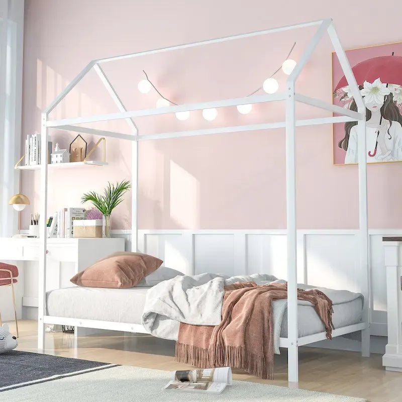 Twin Size Kids House Bed Frame, Metal Platform, Height Adjustable, 350 lb Capacity, No Box Spring