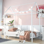 Twin Size Kids House Bed Frame, Metal Platform, Height Adjustable, 350 lb Capacity, No Box Spring