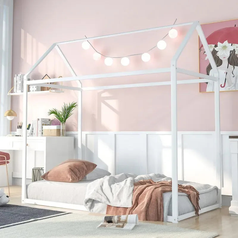 Twin Size Kids House Bed Frame, Metal Platform, Height Adjustable, 350 lb Capacity, No Box Spring