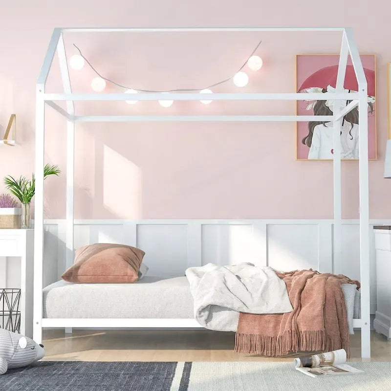 House Bed Frame Twin Size , Kids Bed Frame Metal Platform Bed Floor Bed for Kids Boys Girls No Box Spring Needed