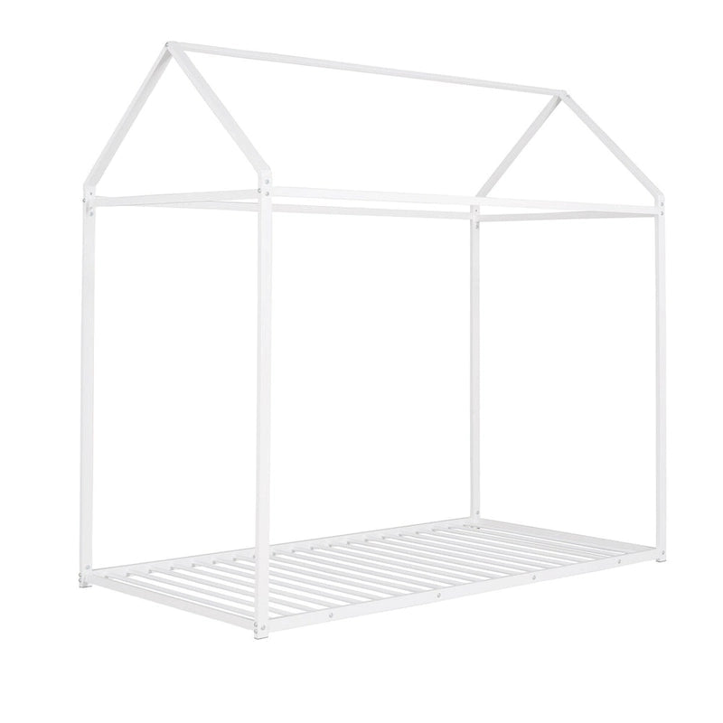 Twin Size Kids House Bed Frame, Metal Platform, Height Adjustable, 350 lb Capacity, No Box Spring
