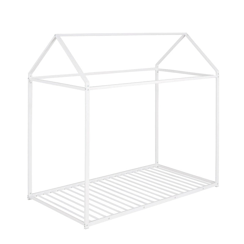 Twin Size Kids House Bed Frame, Metal Platform, Height Adjustable, 350 lb Capacity, No Box Spring