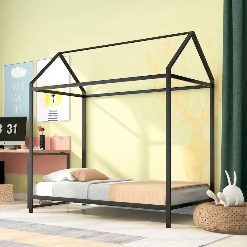 Twin Size Kids House Bed Frame, Metal Platform, Height Adjustable, 350 lb Capacity, No Box Spring