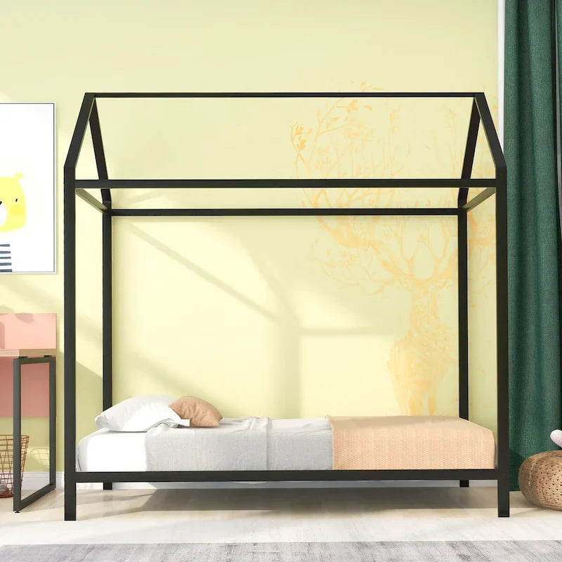 Twin Size Kids House Bed Frame, Metal Platform, Height Adjustable, 350 lb Capacity, No Box Spring