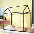 Twin Size Kids House Bed Frame, Metal Platform, Height Adjustable, 350 lb Capacity, No Box Spring