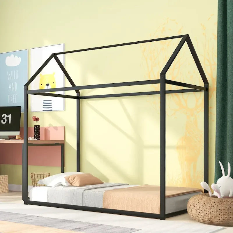 Twin Size Kids House Bed Frame, Metal Platform, Height Adjustable, 350 lb Capacity, No Box Spring