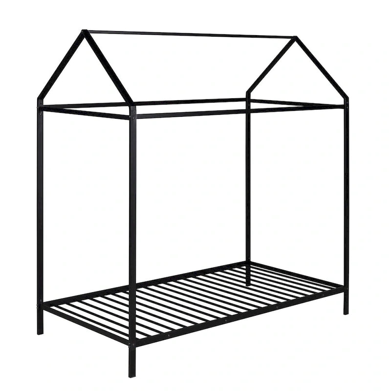 Twin Size Kids House Bed Frame, Metal Platform, Height Adjustable, 350 lb Capacity, No Box Spring