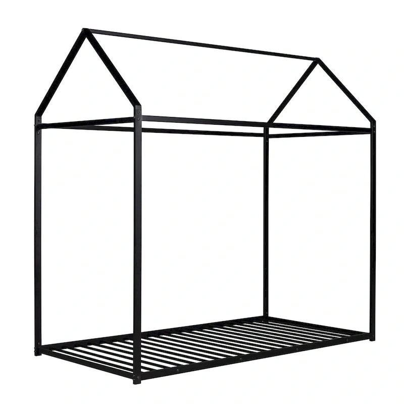 Twin Size Kids House Bed Frame, Metal Platform, Height Adjustable, 350 lb Capacity, No Box Spring