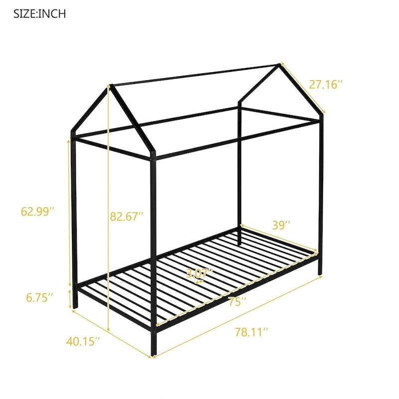 Twin Size Kids House Bed Frame, Metal Platform, Height Adjustable, 350 lb Capacity, No Box Spring