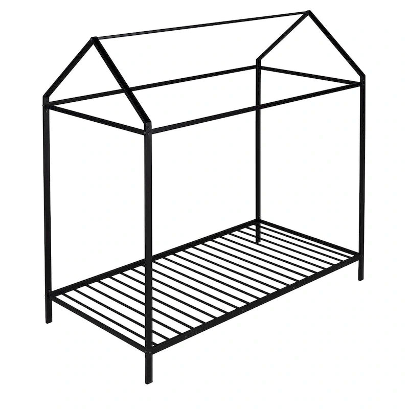 Twin Size Kids House Bed Frame, Metal Platform, Height Adjustable, 350 lb Capacity, No Box Spring