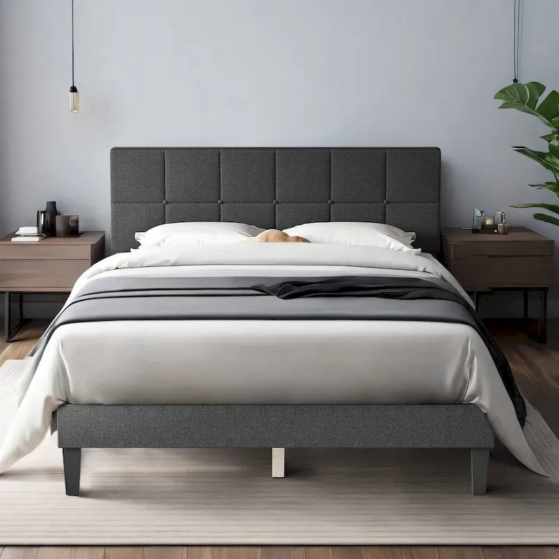 Linen Upholstered Platform Bed Wood Bed Frame with Headboard, No Box Spring Needed, Noise Free, T/F/Q Size