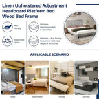 Linen Upholstered Platform Bed Wood Bed Frame with Headboard, No Box Spring Needed, Noise Free, T/F/Q Size