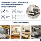Linen Upholstered Platform Bed Wood Bed Frame with Headboard, No Box Spring Needed, Noise Free, T/F/Q Size