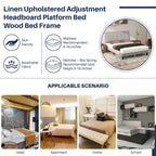 Linen Upholstered Platform Bed Wood Bed Frame with Headboard, No Box Spring Needed, Noise Free, T/F/Q Size