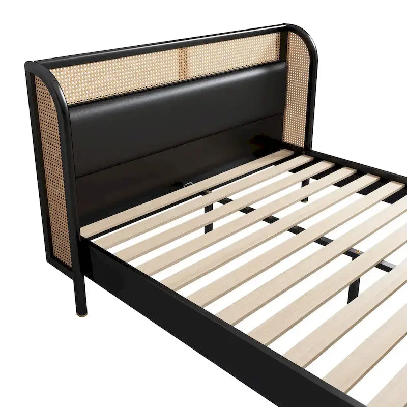 Modern Cannage Rattan Wood Platform Queen Bed