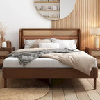 Modern Cannage Rattan Wood Platform Queen Bed