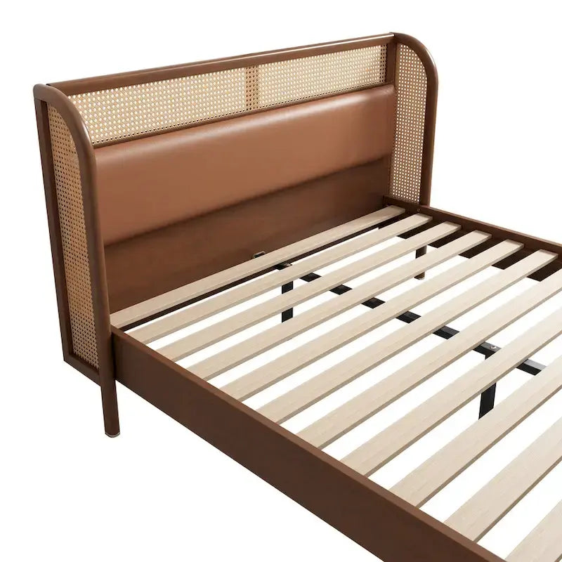 Modern Cannage Rattan Wood Platform Queen Bed