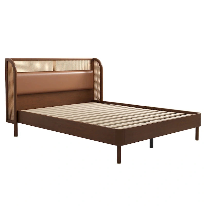 Modern Cannage Rattan Wood Platform Queen Bed