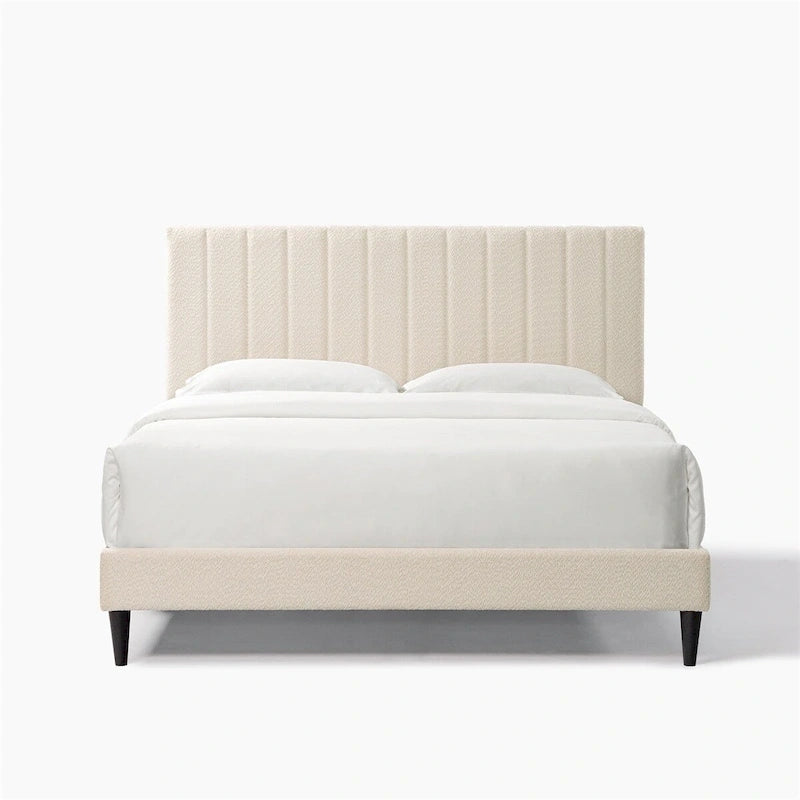 Queen Platform Bed with Tufted Boucle Upholstered Headboard, 800 lb Capacity, Grey/Cream White