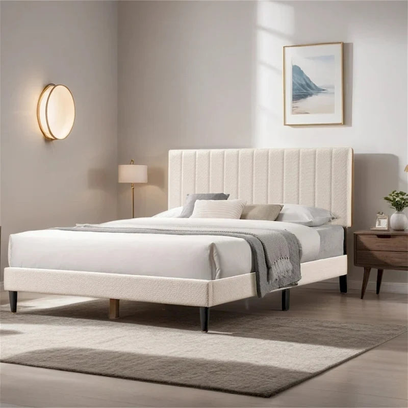 Queen Platform Bed with Tufted Boucle Upholstered Headboard, 800 lb Capacity, Grey/Cream White