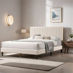 Queen Platform Bed with Tufted Boucle Upholstered Headboard, 800 lb Capacity, Grey/Cream White