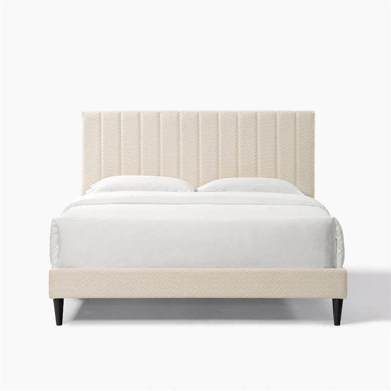 Queen Platform Bed with Tufted Boucle Upholstered Headboard, 800 lb Capacity, Grey/Cream White