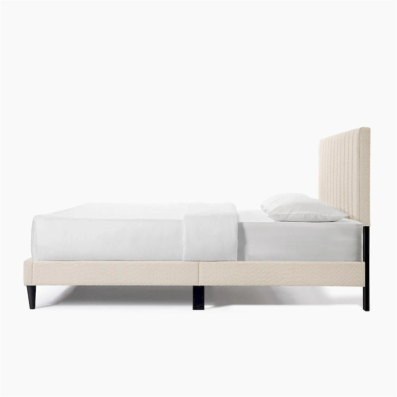 Queen Platform Bed with Tufted Boucle Upholstered Headboard, 800 lb Capacity, Grey/Cream White